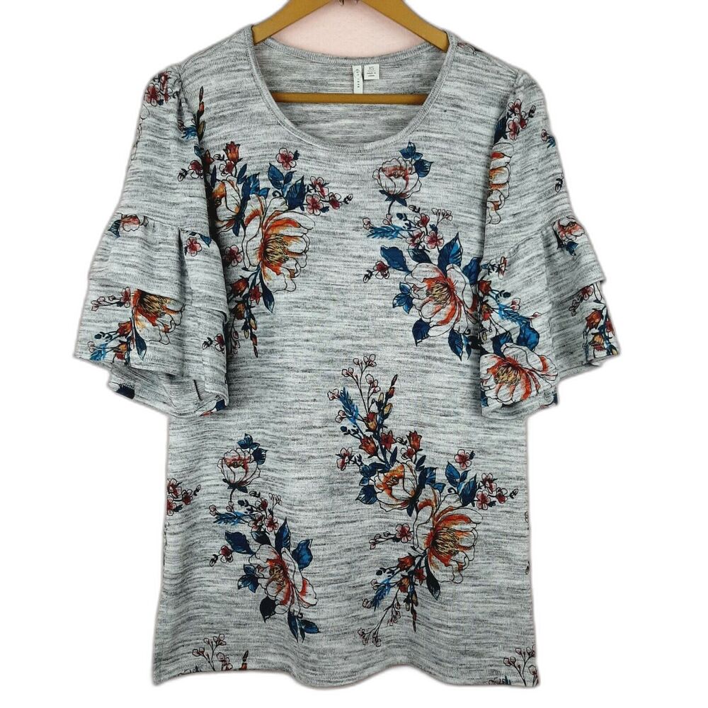 Cato Women Knit Stretch Blouse with Ruffle Sleeve Floral Gray Soft Cozy Size XS